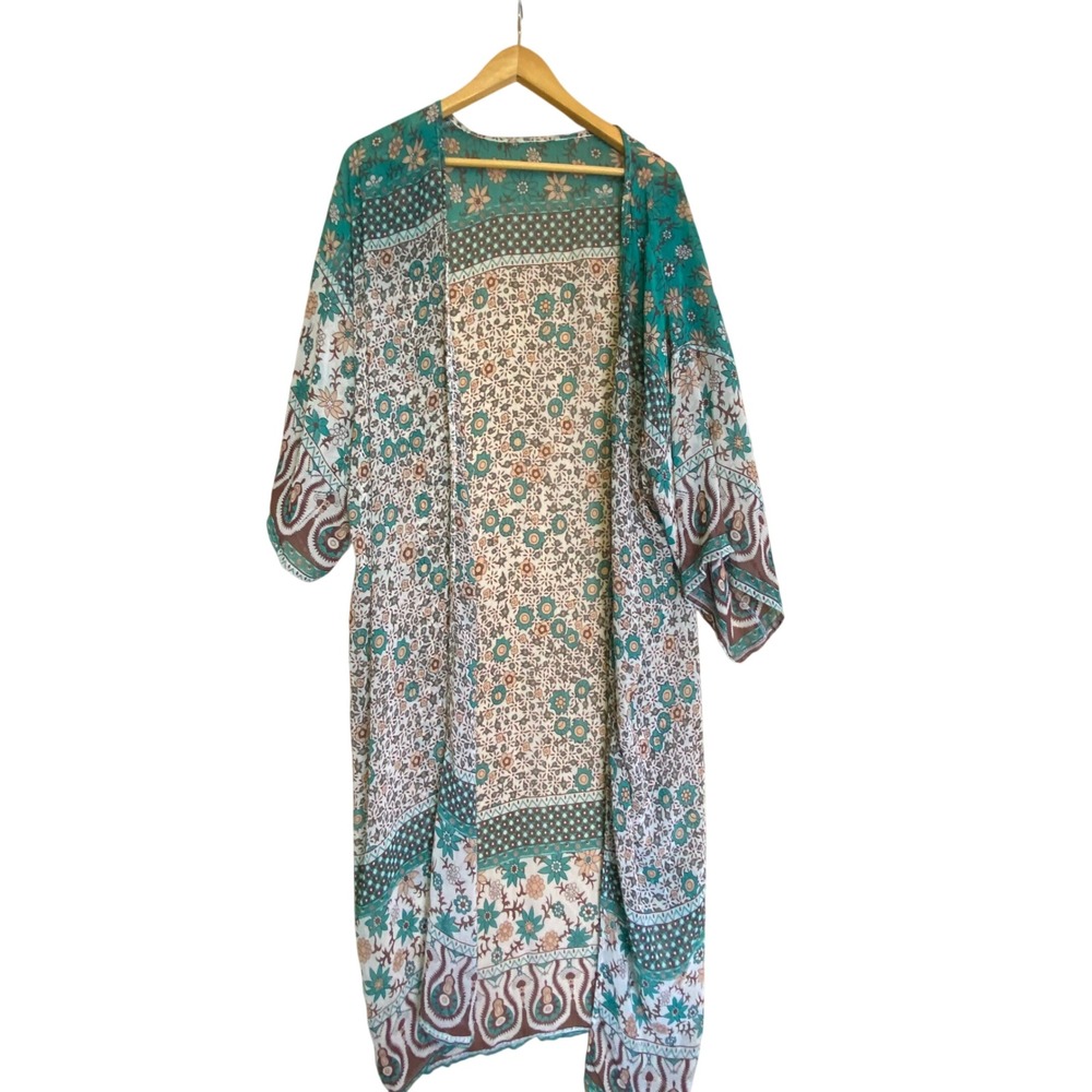 Womens One Size Kimono Beach Teal Brown Floral Paisley Sheer Boho Coverup Flowy